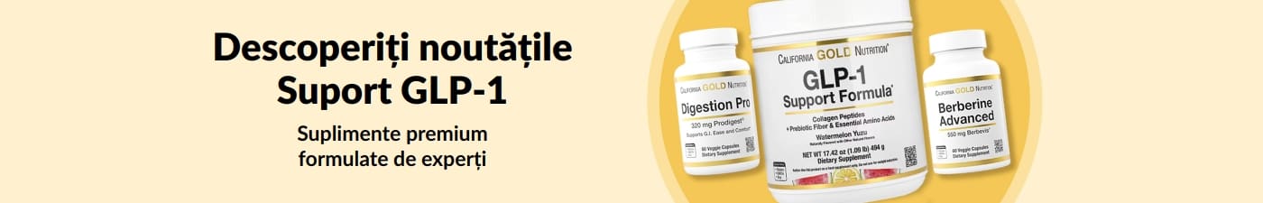 Banner „Descoperiți noutățile. Suport GLP-1” cu suplimente California Gold Nutrition: Digestion Pro, GLP-1 Support Formula și Berberine Advanced.