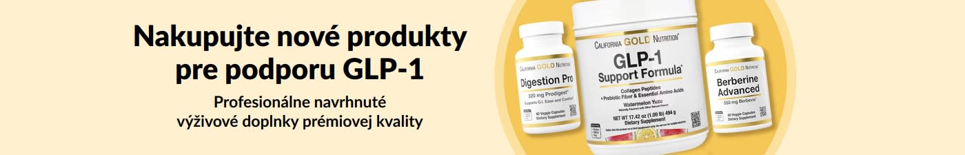 Baner s nápisom „Nakupujte nové produkty pre podporu GLP-1“ s tromi doplnkami výživy od California Gold Nutrition.