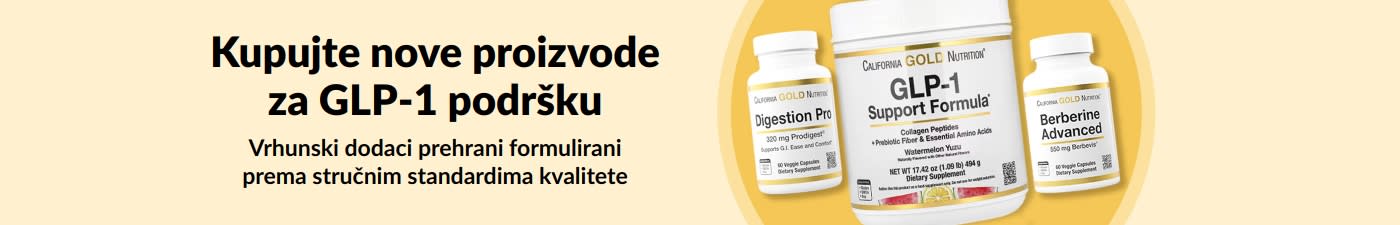 Banner s natpisom „Istražite nove proizvode za GLP-1 podršku” i tri dodatka prehrani California Gold Nutrition: Digestion Pro, GLP-1 Support Formula i Berberine Advanced.