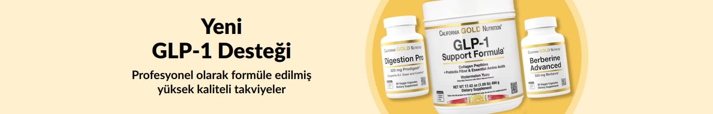 “Yeni GLP-1 Desteği Ürünlerini Keşfet” yazılı bannerda California Gold Nutrition’ın üç takviyesi yer alıyor: Digestion Pro, GLP-1 Support Formula ve Berberine Advanced.