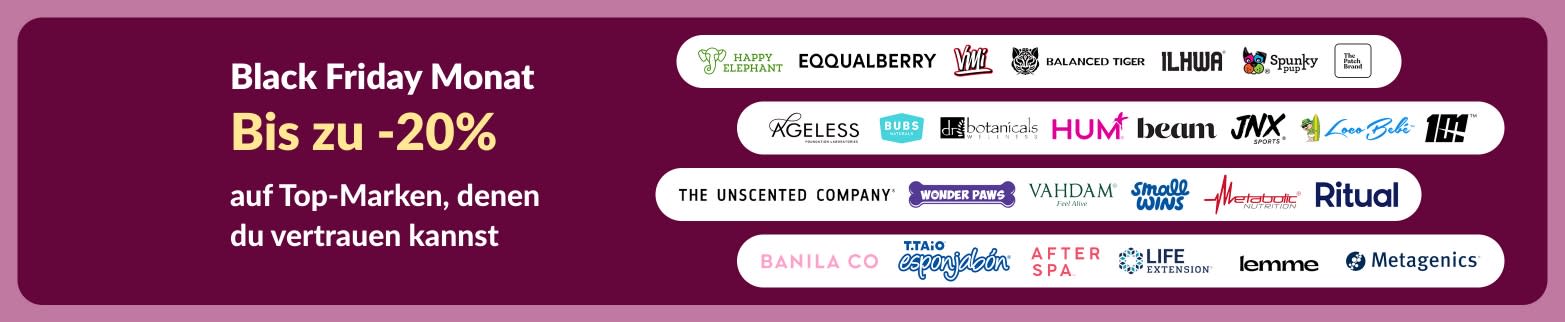 iHerb-Banner für den Black Friday-Monat mit bis zu 20% Rabatt auf die besten Wellness-Marken.
