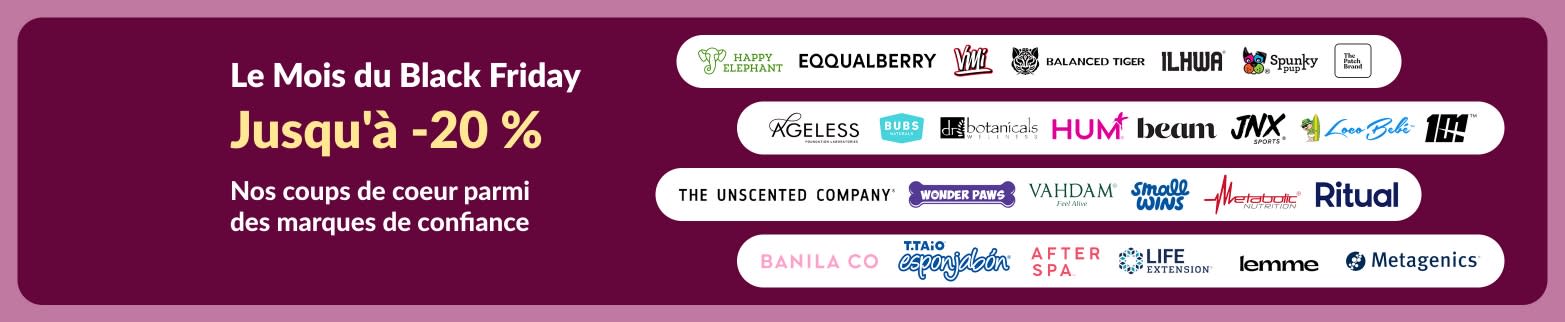 Bannière du mois du Black Friday d’iHerb offrant jusqu’à 20 % de réduction sur les meilleures marques de bien-être.