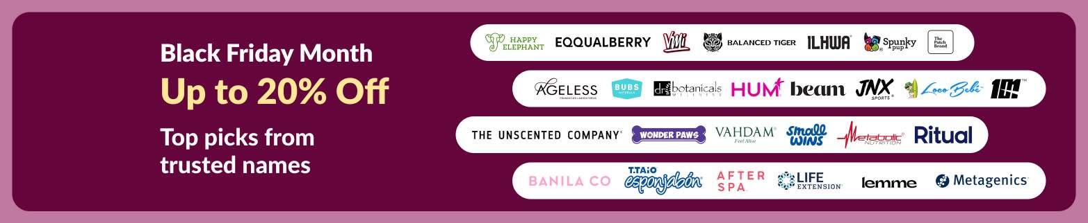 iHerb Black Friday Month banner offering up to 20% off top wellness brands.