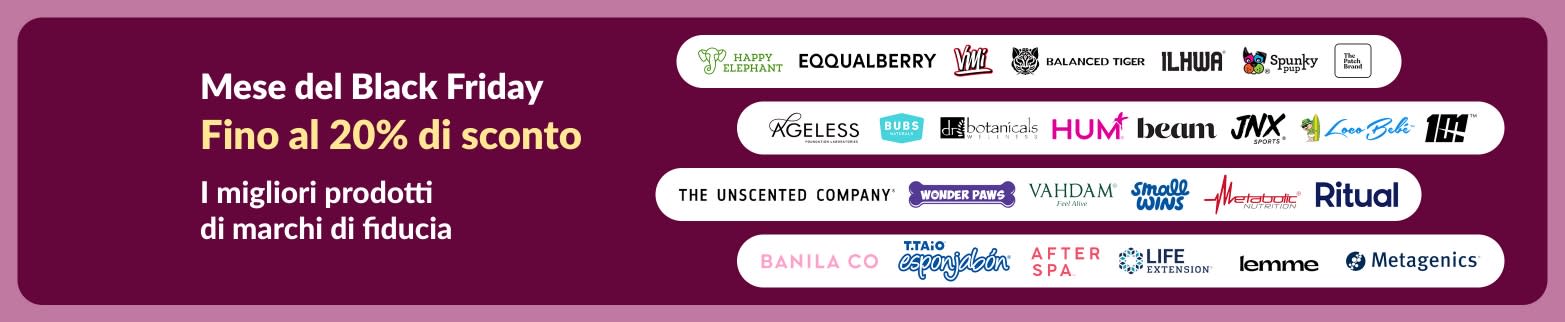 Banner del mese del Black Friday di iHerb che offre fino al 20% di sconto sui migliori marchi di benessere.