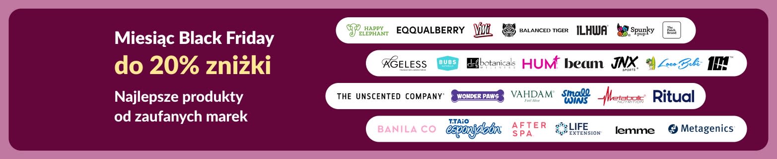 Baner iHerb promujący Miesiąc Black Friday z rabatami do 20% na topowe marki prozdrowotne.
