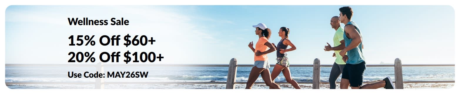 Wellness Sale banner offering 15% off $60+ and 20% off $100+ with promo code MAY26SW.