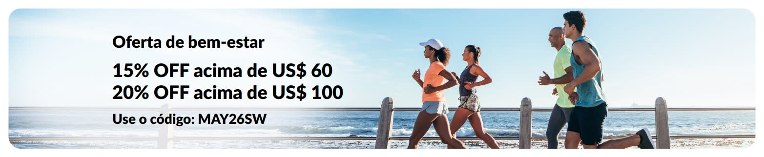 Banner da oferta de bem-estar oferecendo 15% OFF em compras acima de US$ 60 e 20% OFF em compras acima de US$ 100 com o código MAY26SW.