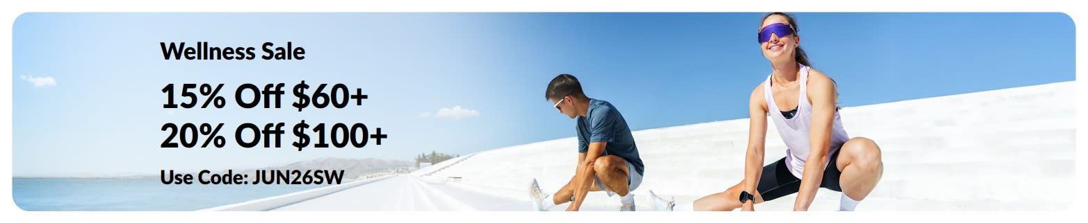 Wellness Sale banner offering 15% off $60+ and 20% off $100+ with promo code JUN26SW.