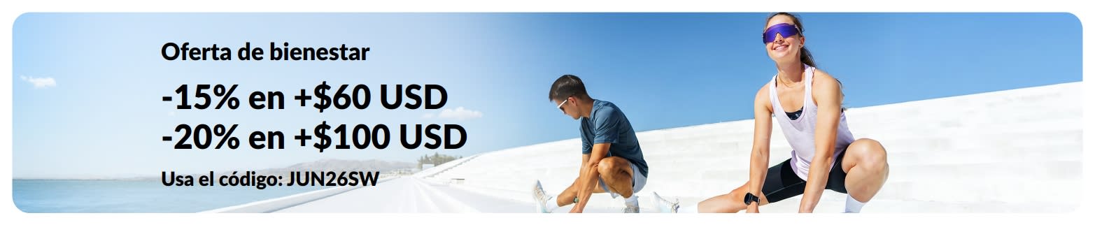 Banner de Oferta de bienestar: -15% en más de $60 USD y -20% en más de $100 USD con el código JUN26SW.