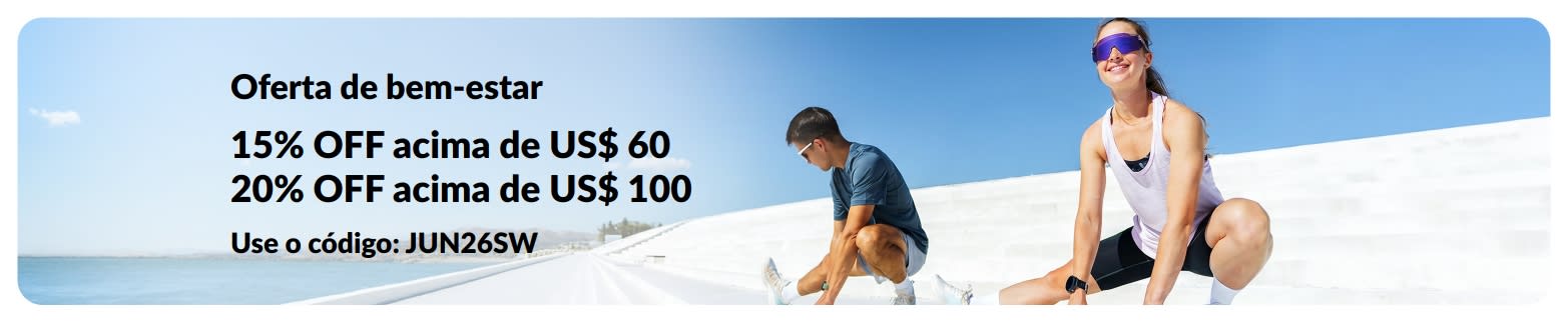 Banner da oferta de bem-estar com 15% OFF em compras acima de US$ 60 e 20% OFF acima de US$ 100 com o código JUN26SW.