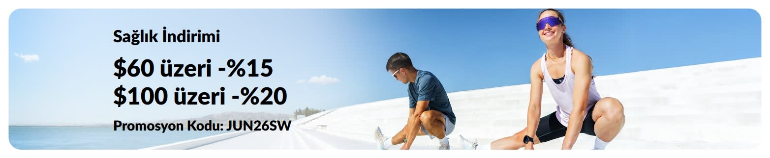  $60 üzeri alışverişlerde %15, $100 üzeri alışverişlerde %20 indirim sunan JUN26SW promo kodlu Sağlık İndirimi bannerı