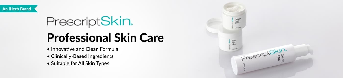 PrescriptSkin skincare banner featuring professional formulas, suitable for all skin types, an iHerb brand.