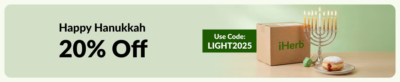 iHerb Happy Hanukkah promotion showing a package, lit menorah, dreidel, and jelly donut with a 20% off code LIGHT2025.