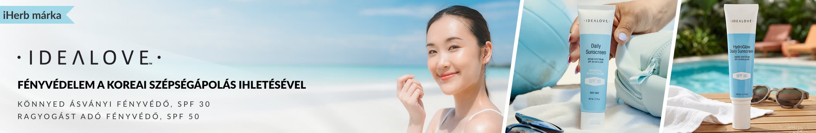 Idealove Your Daily Sunscreen: K-beauty ihlette, könnyű textúrájú ásványi fényvédő SPF 30, valamint ragyogó bőrfényt adó SPF 50 védelemmel