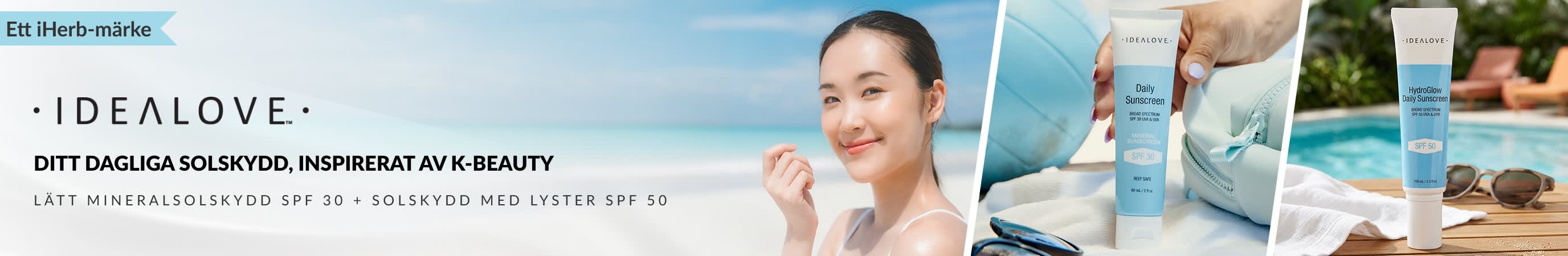 Idealove Ditt dagliga solskydd, inspirerat av K-beauty, lätt mineralsolskydd SPF 30 och strålande lyster SPF 50.