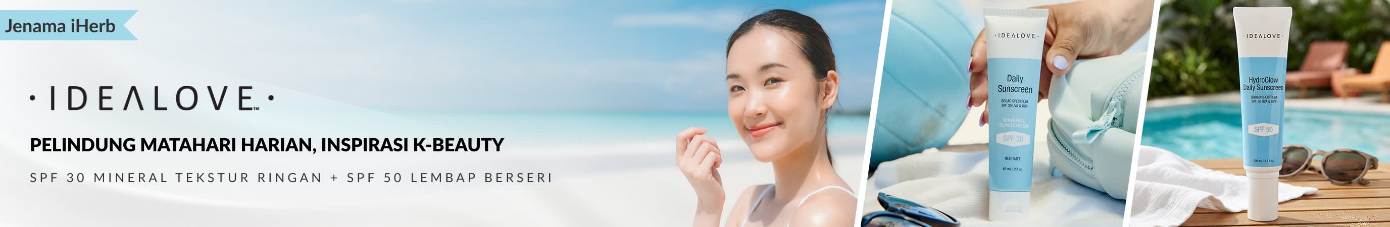 Idealove Pelindung Matahari Harian inspirasi K-beauty, SPF 30 mineral bertekstur ringan dan kemasan lembap berseri SPF 50