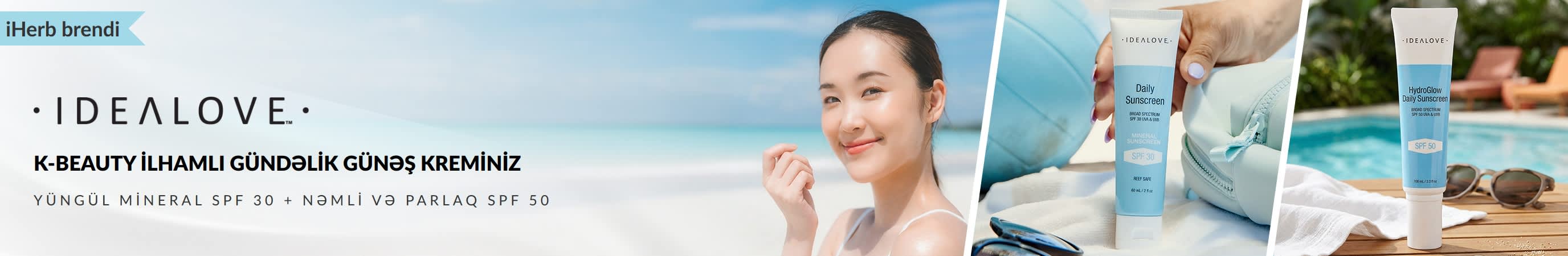 Idealove Koreya gözəllik konsepsiyasından ilhamlanan gündəlik günəş qoruyucusu: yüngül mineral SPF 30 və nəmli parıltı verən SPF 50