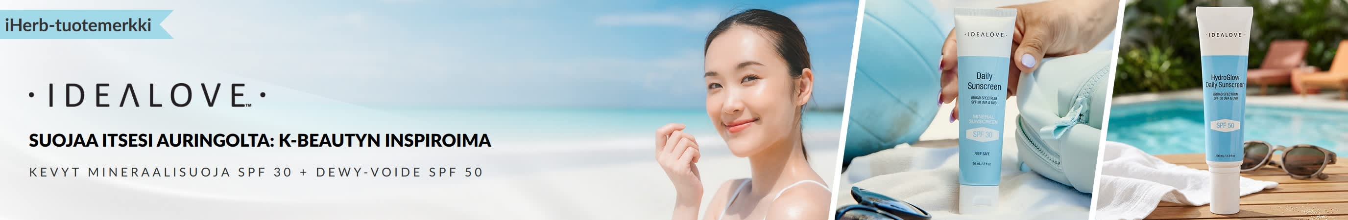 Idealove: K-Beautyn inspiroimaa aurinkosuojaa päivittäiseen käyttöön. Kevyt mineraalisuoja SPF 30 ja dewy-voide SPF 50