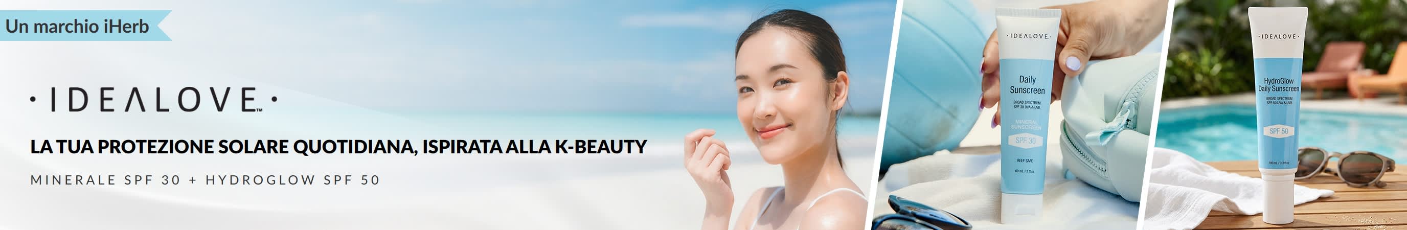 Idealove, la tua protezione solare quotidiana ispirata alla K-beauty, SPF 30 minerale leggero e SPF 50 per una lucentezza effetto rugiada.