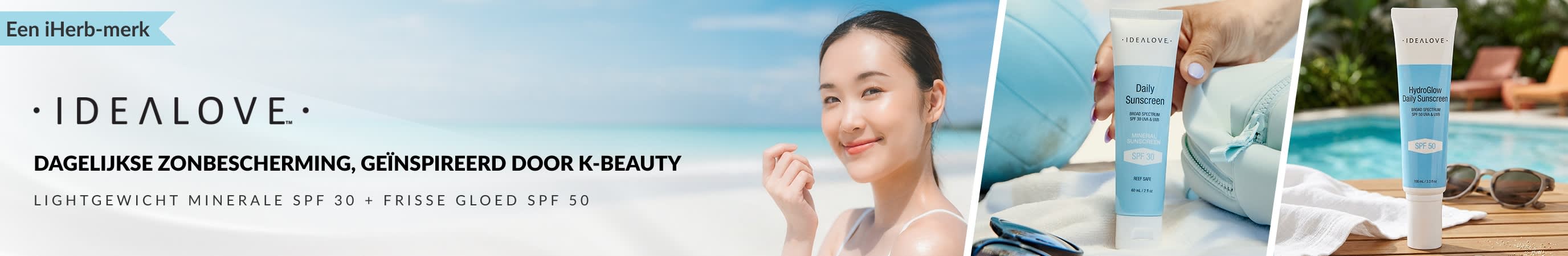 Idealove Your Daily Sunscreen, geïnspireerd door K-beauty, lichte minerale SPF 30 en SPF 50 voor een stralende teint.