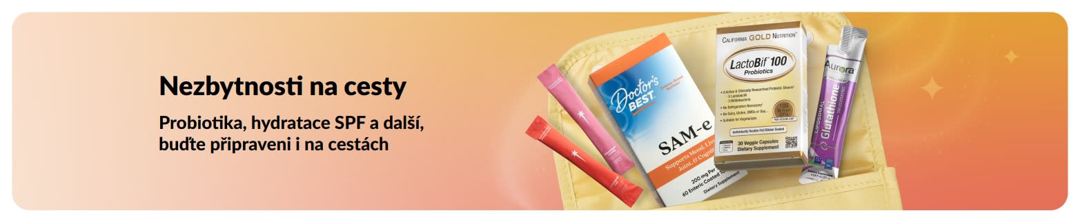 Banner Nezbytnosti na cesty s probiotiky a wellness sáčky propagující produkty pro zdraví a pohodu na cesty.