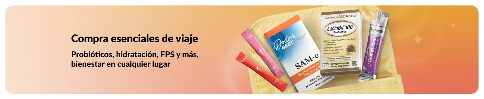 Banner de esenciales de viaje con probióticos, suplementos y sobres de bienestar, que promociona productos para la salud.