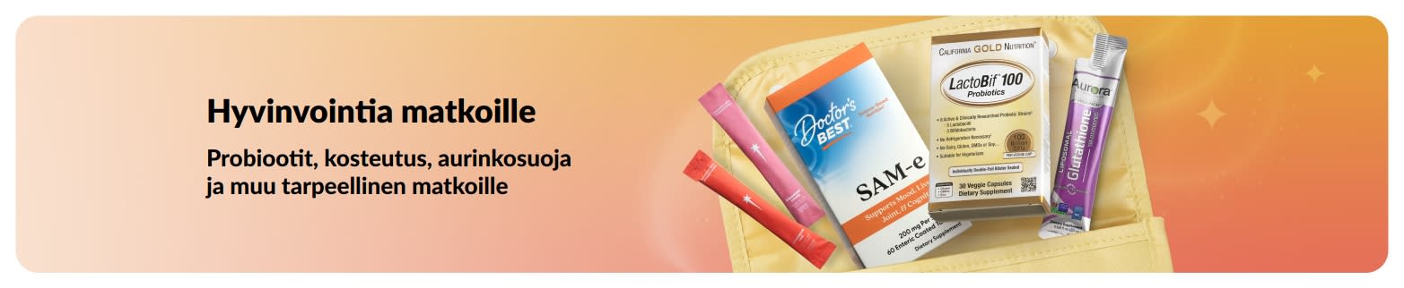 Matkavälttämättömyyksiä mainostava banneri, jossa probiootteja, ravintolisiä ja muita kätevästi mukana kulkevia terveystuotteita.