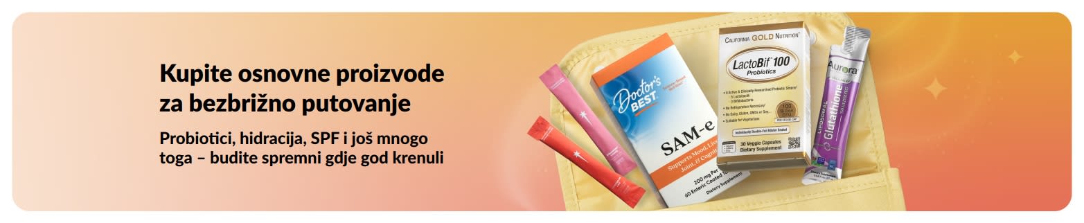 Reklamni natpis koji promovira osnovne proizvode za putovanje s prikazom probiotika, dodataka prehrani i wellness paketića za hidrataciju u torbici.