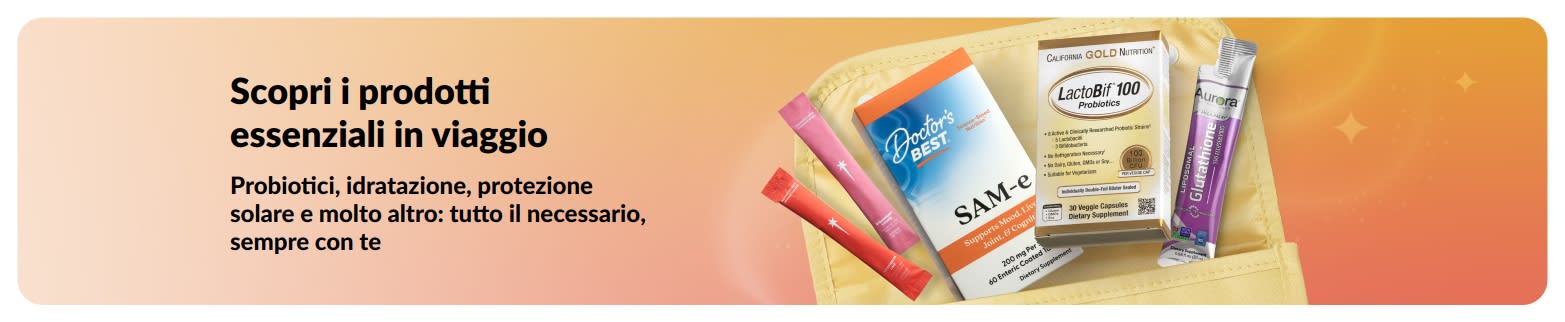 Banner sui prodotti essenziali in viaggio, con probiotici, integratori e stick benessere in bustina per promuovere prodotti per la salute a portata di mano.