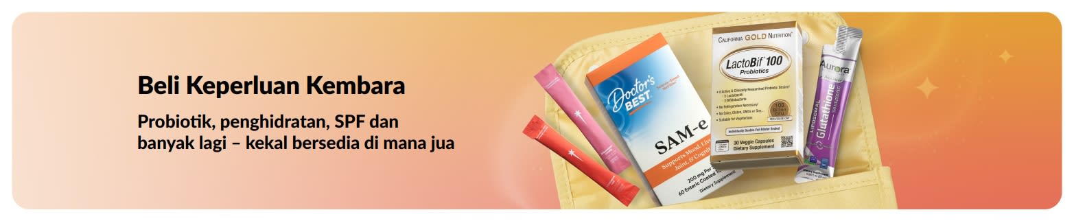 Travel essentials banner with probiotics, supplements, and wellness sticks in pouch mempromosikan produk kesihatan mesra perjalanan.