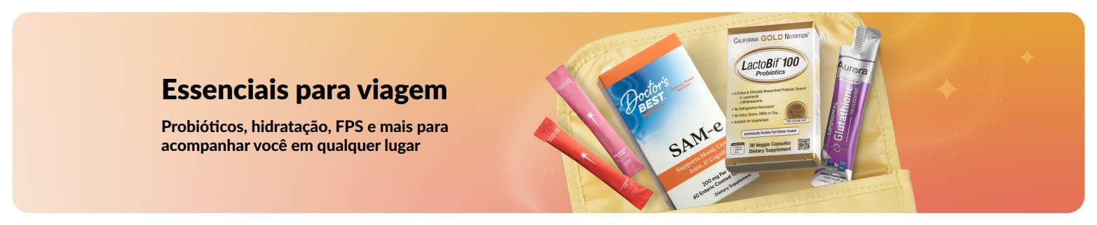 Banner de essenciais para viagem com probióticos e sticks de bem-estar em uma bolsa, promovendo produtos de saúde para levar onde quiser.