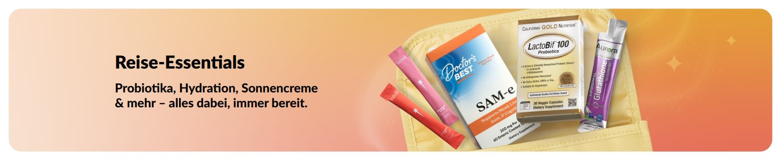Banner für Reisebedarf mit Probiotika, Nahrungsergänzungen und Getränke-Sticks im Beutel, das für Gesundheit unterwegs wirbt.