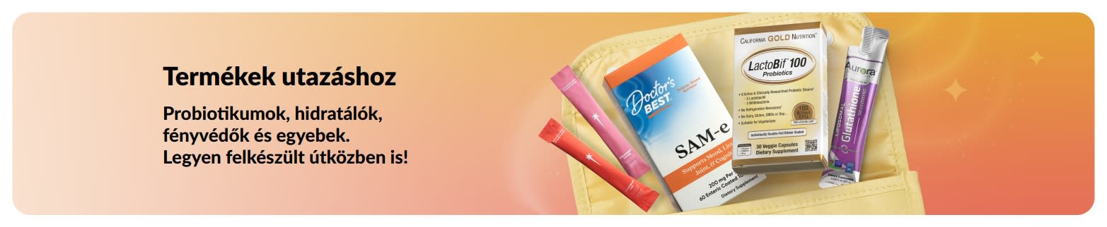 Utazási kellékek banner probiotikumokkal, étrend-kiegészítőkkel és wellness italporokkal egy neszesszerben, az útközben használható egészségmegőrző termékek népszerűsítésére.
