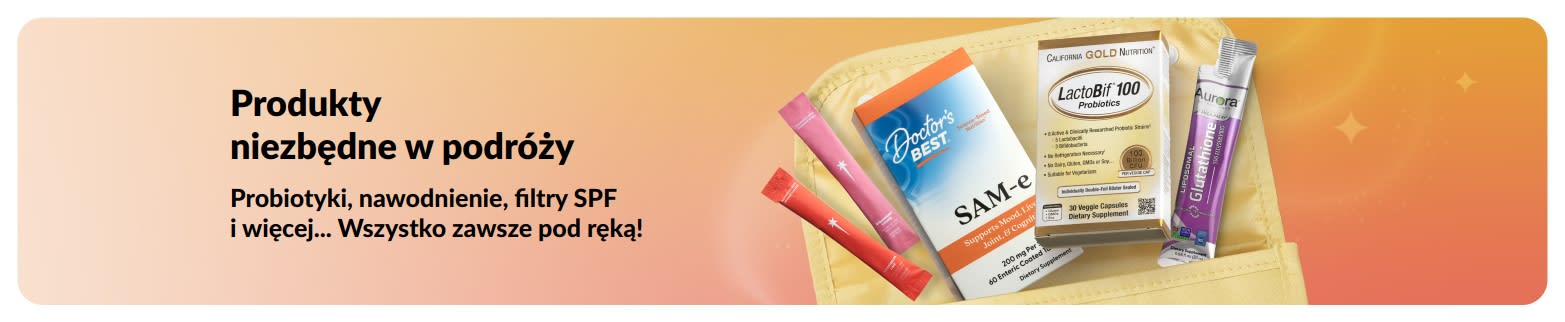 Baner z podróżnymi niezbędnikami: probiotyki, suplementy i saszetki wellness w kosmetyczce, promujący produkty zdrowotne idealne w podróży.