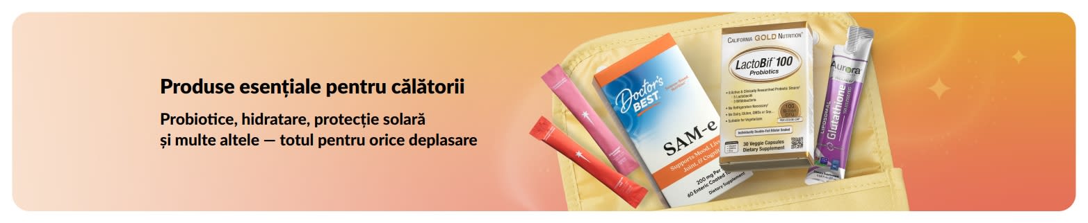 Banner cu produse esențiale sănătoase pentru călătorii, ca probioticele, suplimentele și pliculețele nutritive.