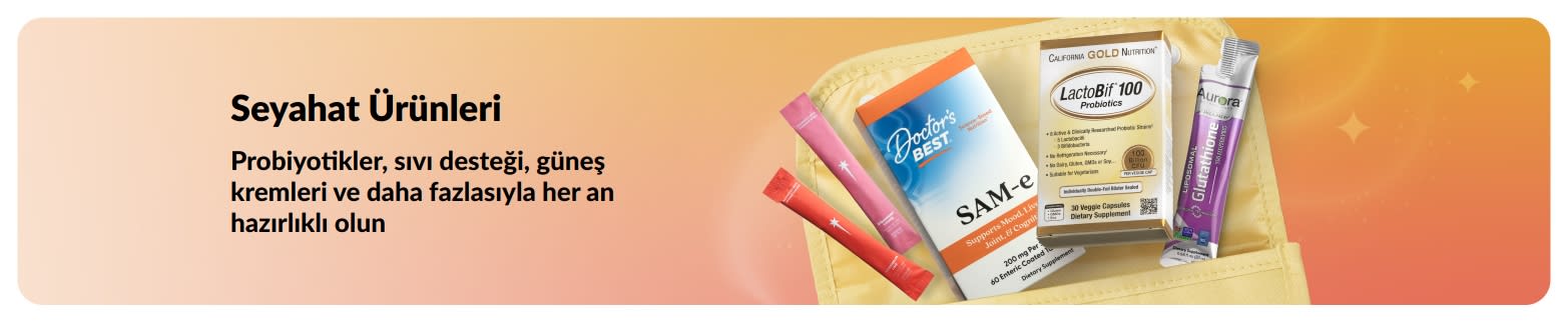 Temel seyahat ürünleri banner’ı. Görselde seyahatteyken sağlık desteği sunan probiyotikler, takviyeler ve stick ürünler bir çantada yer alıyor.