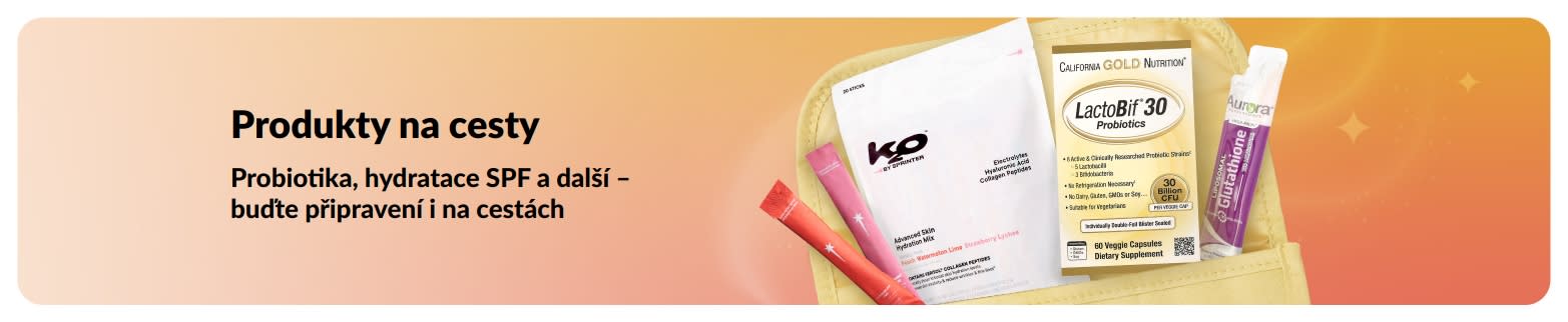 Banner Produkty na cesty s probiotiky a wellness sáčky propagující produkty pro zdraví a pohodu na cesty.
