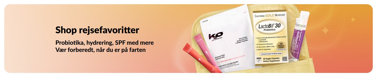 Rejsefavoritter banner med probiotika, kosttilskud og helseartikler i små breve, der promoverer sundhedsprodukter til brug på farten.