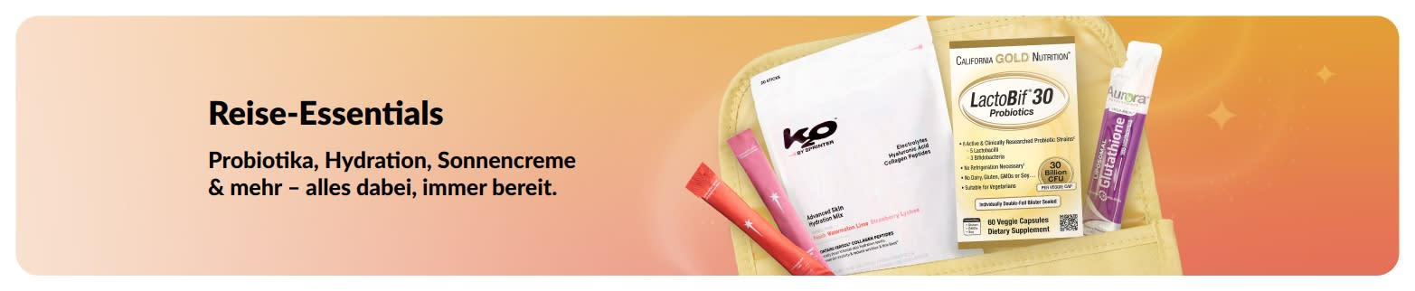Banner für Reisebedarf mit Probiotika, Nahrungsergänzungen und Getränke-Sticks im Beutel, das für Gesundheit unterwegs wirbt.