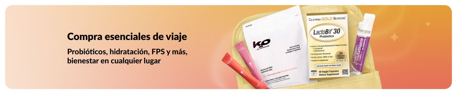 Banner de esenciales de viaje con probióticos, suplementos y sobres de bienestar, que promociona productos para la salud.