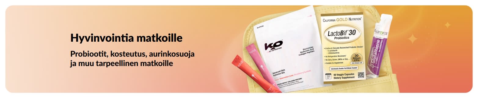 Matkavälttämättömyyksiä mainostava banneri, jossa probiootteja, ravintolisiä ja muita kätevästi mukana kulkevia terveystuotteita.