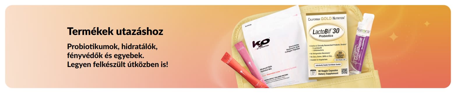 Utazási kellékek banner probiotikumokkal, étrend-kiegészítőkkel és wellness italporokkal egy neszesszerben, az útközben használható egészségmegőrző termékek népszerűsítésére.