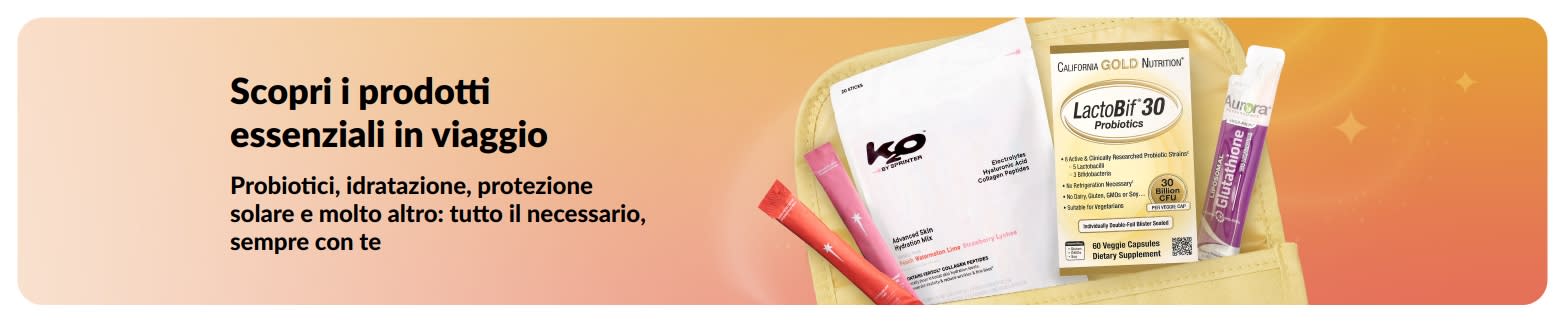 Banner sui prodotti essenziali in viaggio, con probiotici, integratori e stick benessere in bustina per promuovere prodotti per la salute a portata di mano.