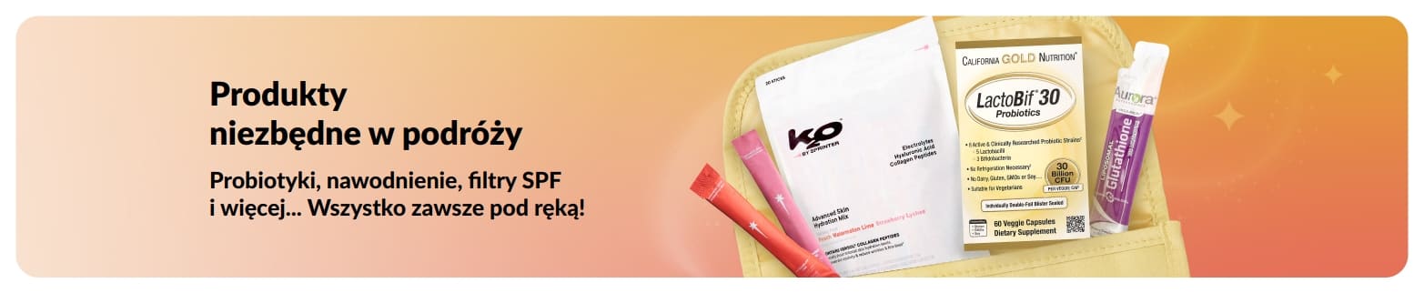 Baner z podróżnymi niezbędnikami: probiotyki, suplementy i saszetki wellness w kosmetyczce, promujący produkty zdrowotne idealne w podróży.