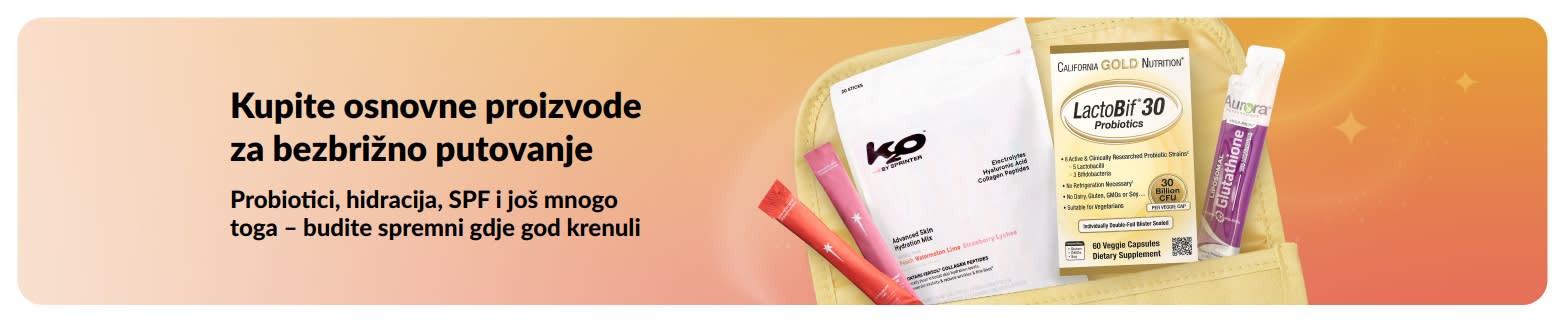 Reklamni natpis koji promovira osnovne proizvode za putovanje s prikazom probiotika, dodataka prehrani i wellness paketića za hidrataciju u torbici.