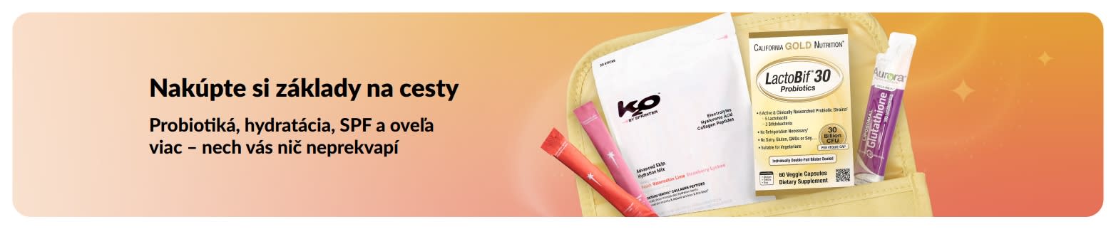 Baner so základnými produktmi na cesty, ktorý zobrazuje probiotiká, doplnky stravy a nápojové vrecúška v puzdre.