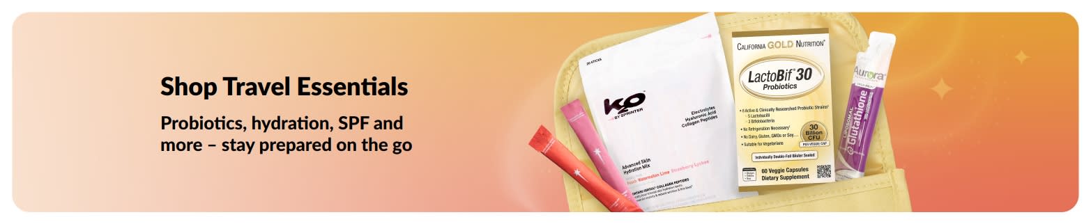 Travel essentials banner with probiotics, supplements and wellness sticks in pouch promoting on-the-go health products.