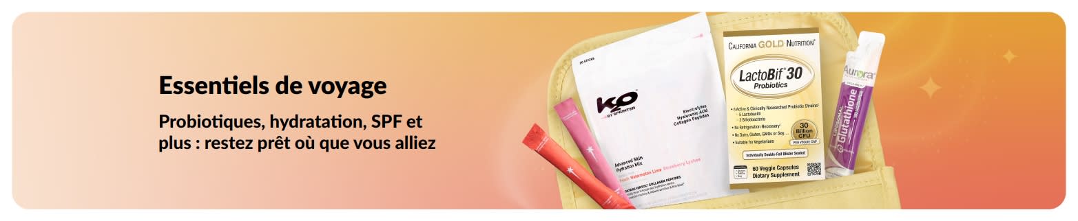 Bannière « essentiels de voyage » avec probiotiques, compléments et sticks bien-être pour la santé en déplacement.