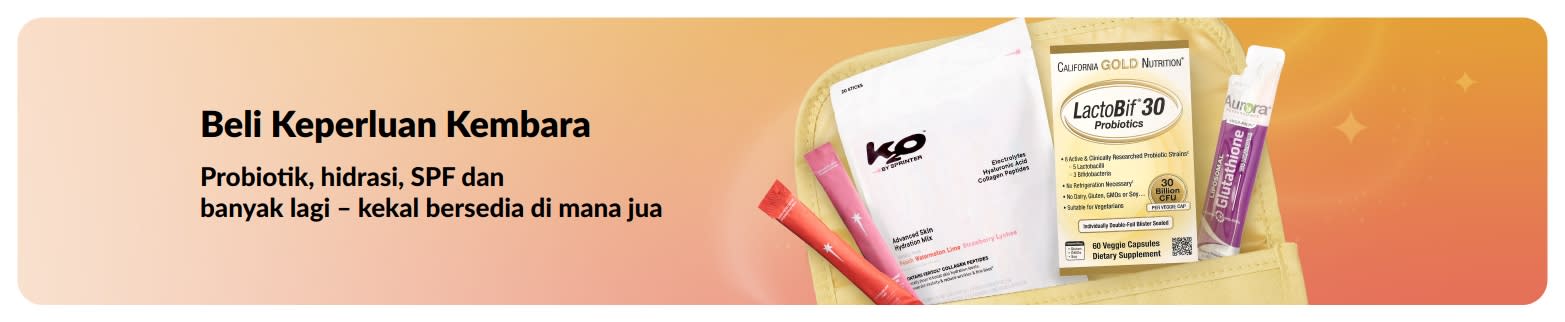 Sepanduk keperluan kembara dengan probiotik, suplemen, dan sachet minuman kesejahteraan.