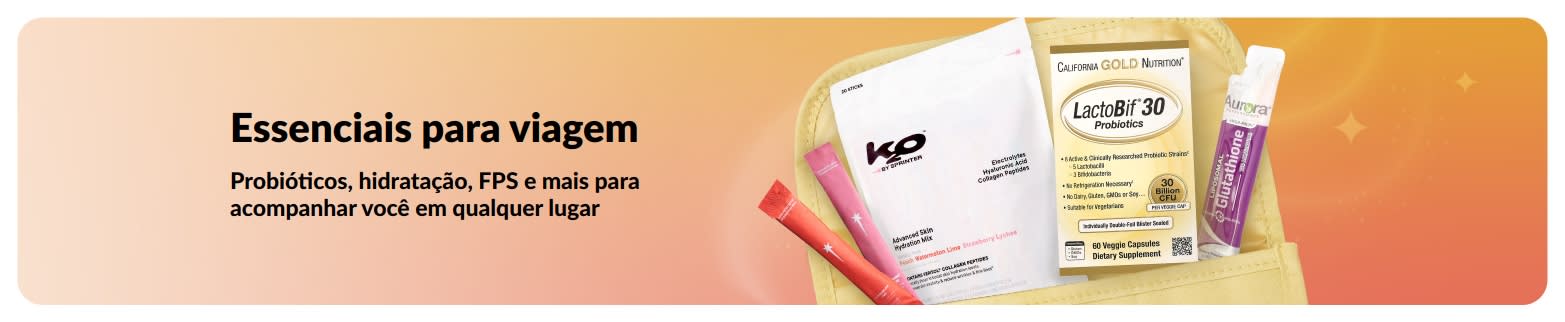 Banner de essenciais para viagem com probióticos e sticks de bem-estar em uma bolsa, promovendo produtos de saúde para levar onde quiser.